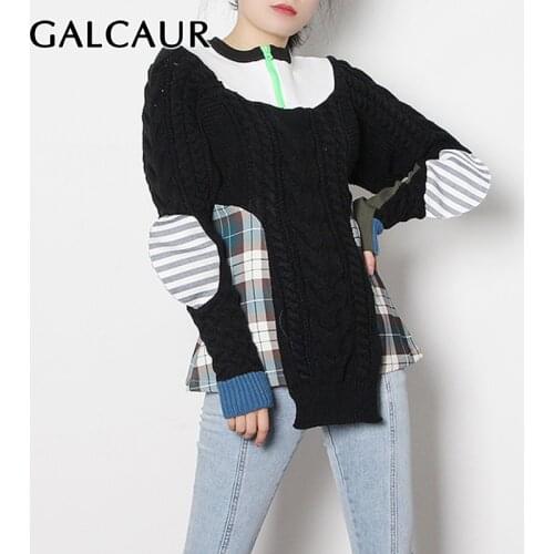 GALCAUR Hit Color Sweaters For Women Turtleneck Puff Long Sleeve Casual Patchwork Plaid Slim Pullovers Female 2021 Fall Clothing