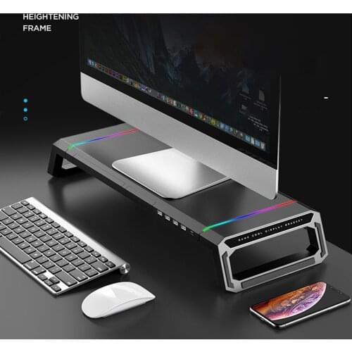 T1 RGB Laptop Monitor Stand Riser 4 USB Charging Desk Organizer Bracket Steel Desk Organizer for Laptop Computer Home Office