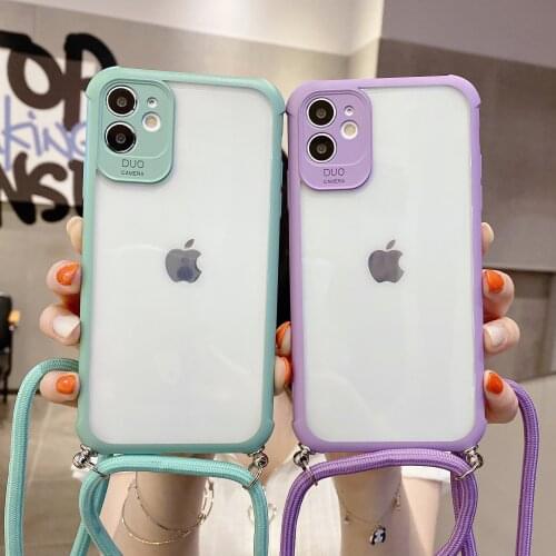 Candy Color High Clear Case for iPhone XS 11 Pro Max XR 7 8 Plus Necklace Cord Chain Hanging Rope Crossbody Soft Bumper Cover