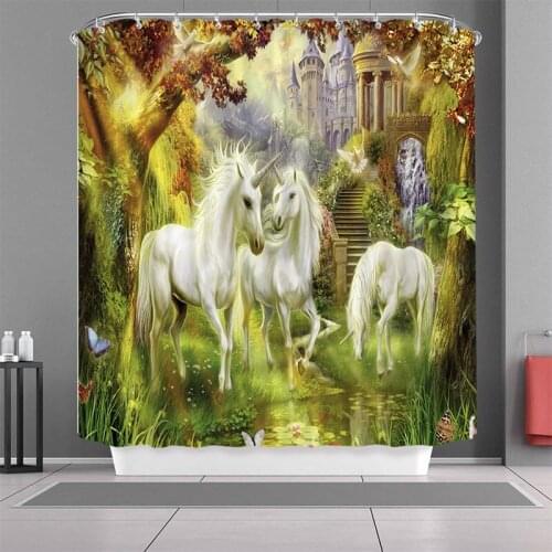 Unicorn and Horse and Swan Printed Cartoon Animals Shower Curtains Bath Products Bathroom Decor with Hooks Waterproof Rideau