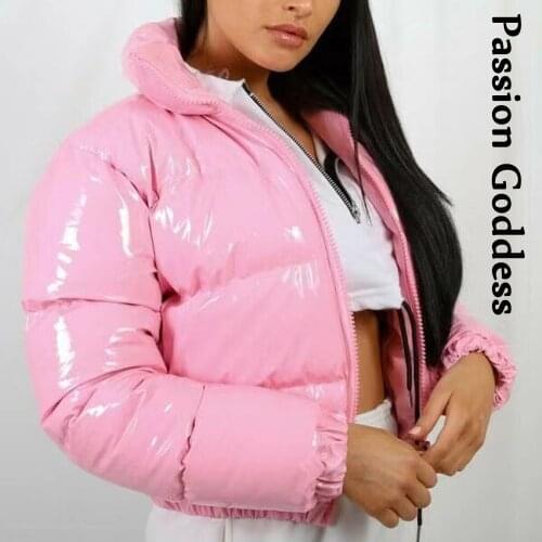 Winter Women Pink Puffer Jackets Bright PU Leather Bubble Coats Down Parkas Zipper Stand Collar Shiny Puffly Cropped Jacket XXL