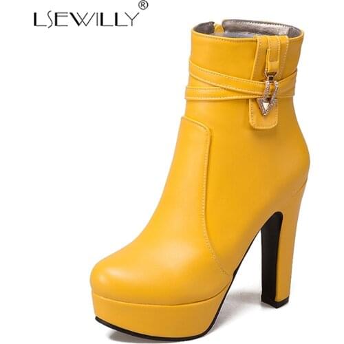 Lsewilly 2019 autumn PU leather ankle boots square high heels round toe platform black white women boots Plus size 34-50 K111