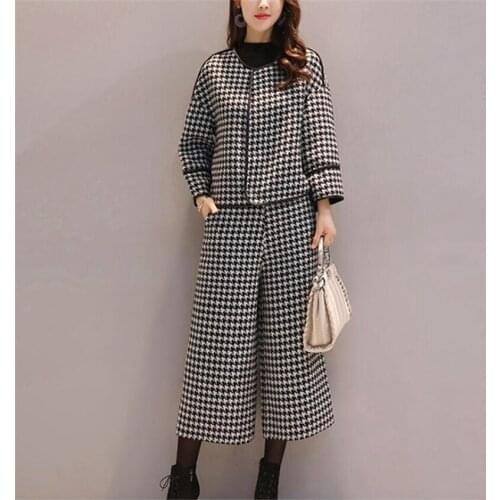 Two Pieces Set Women 2020 Spring Autumn Short Woolen Jacket Coat + Casual Wide Leg Capris Pant Plaid Suit Women