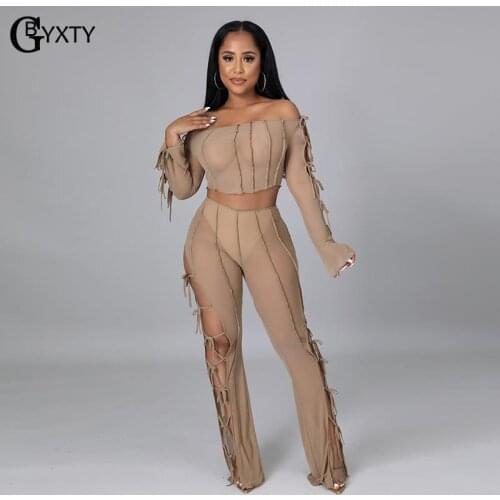 GBYXTY See Through Side Bandage Sheer Mesh Club Outfits Women Off Shoulder Long Sleebe Crop Topa and Pants 2 Piece Set ZL1325