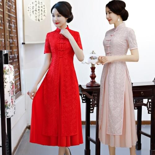 Women Elegance Long Cheongsam Short Sleeve Lace Chinese Traditional Dress Lady Red Ancient Qipao Wedding Party Dresses 90
