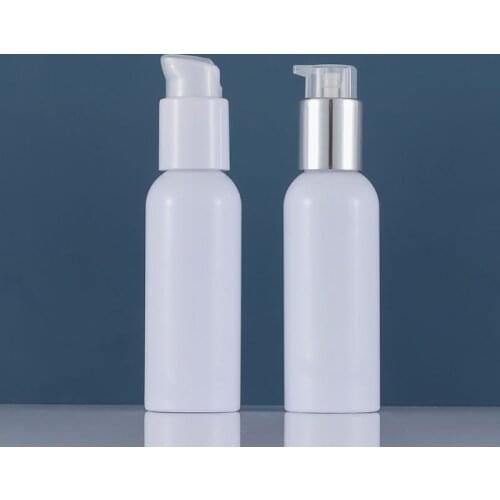 100ml clear/white plastic PET bottle with shiny silver white pump for lotion/emulsion/foundation/serum liquid skin care packing
