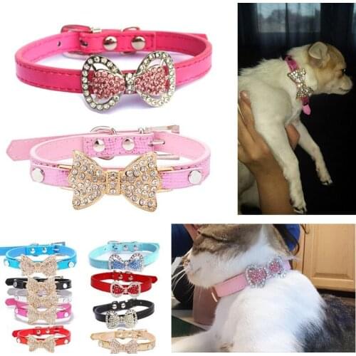 50PCS Dog cat Pet Puppy Cat Collar PU Leather Adjustable Rhinestone Bowknot Necklace
