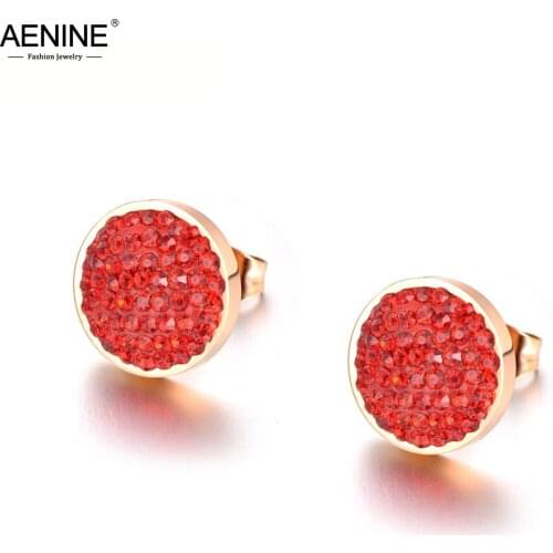 AENINE Red Rhinestone Jewelry Rose Gold Stainless Steel 3 Colors Clay Crystal Stud Earrings For Women Boucle D'oreille AE18037