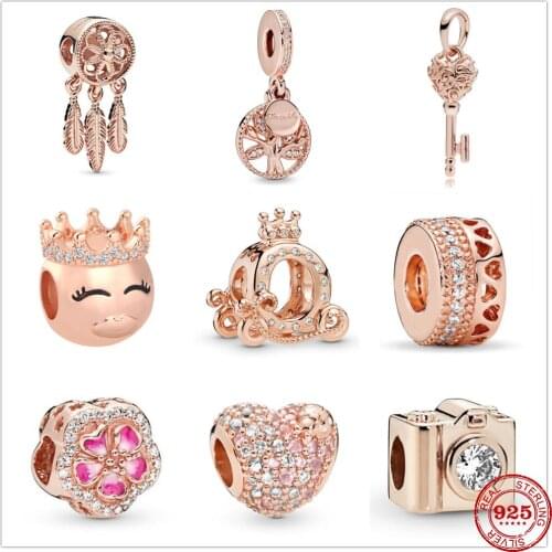 Silver 925 rose gold crystal Charms diy Dream catcher flower Crown Beads Fit Original 3mm Pan Bracelet pendant Jewelry making