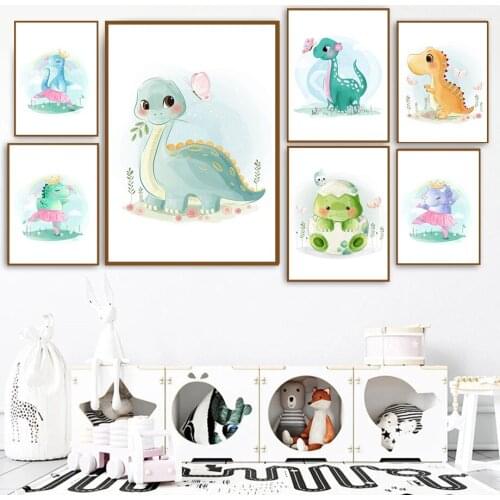 Dinosaur Flowers Butterfly Bird Grass Rainbow Wall Art Canvas Painting Nordic Posters And Prints Wall Pictures Kids Room Decor