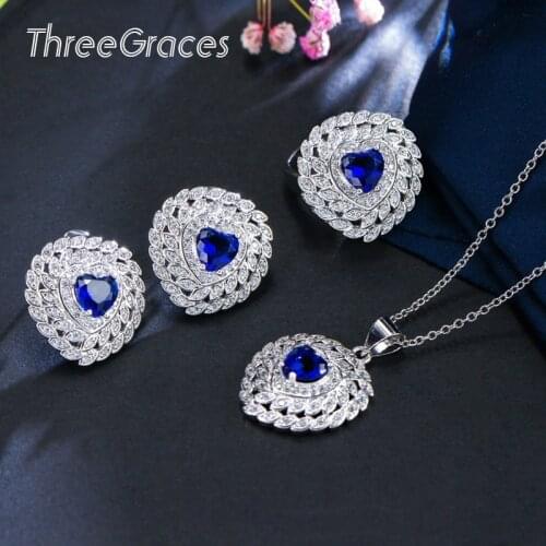 ThreeGraces Large Heart Marquise Shape Cubic Zirconia Crystal Elegant Royal Blue Earrings Necklace Fahion Jewelry Sets JS109