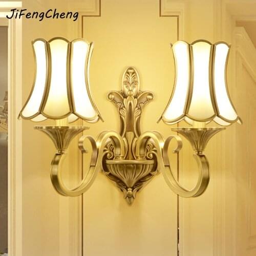 JIFENGCHENG European Full Copper Wall Lamp E27 Living Room Background Wall Lamp E14 Bedroom Bedside Lamp Corridor Copper Lamp