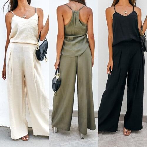 2-Piece Sets Super Comfort Loose Cotton Blends Long Wide Leg Pant Strap Tops Outfits 2021 Elegant Lady Casual Streetwear Fashion
