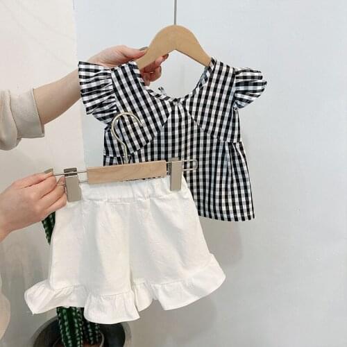 Toddler Baby Clothes Set Summer Sleeveless Plaid Shirt+ White Shorts Girls 2Pcs Suits 2021 New Children Clothing Outfits