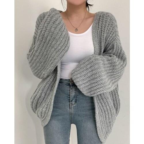 Korean V-neck Ladies Knitted Cardigan Coat Autumn 2021 Gray Beige Black Khaki Loose Lantern Sleeve Casual Women Knitting Sweater
