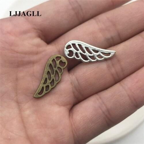 LJJAGLL 80pcs 10*24mm Trendy Hollow Angel Wings Charm Metal Feather Pendant For Gilrs Necklace Jewelry Making Diy AYM004