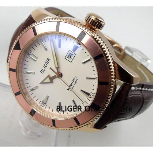 Fashion BLIGER 46MM White Dial Rose Golden Case Rotating Bezel Luminous Hand MIYOTA Automatic Movement Mens Wrist Watch B97