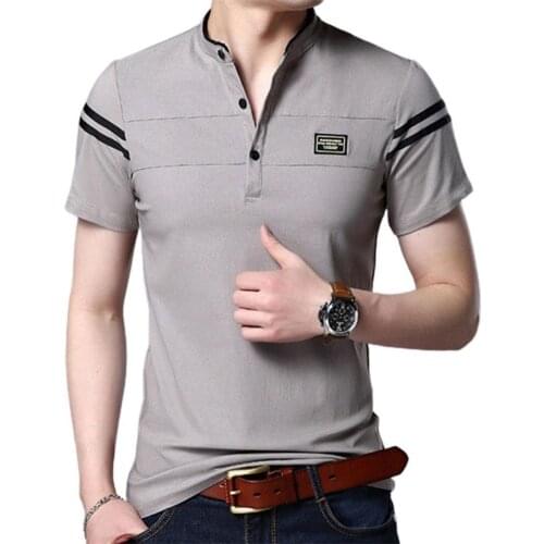T-Shirts Men Shirt Stripe Printing Patchwork Polyester Stand Collar T-shirt for Dating Mens Clothing 2021