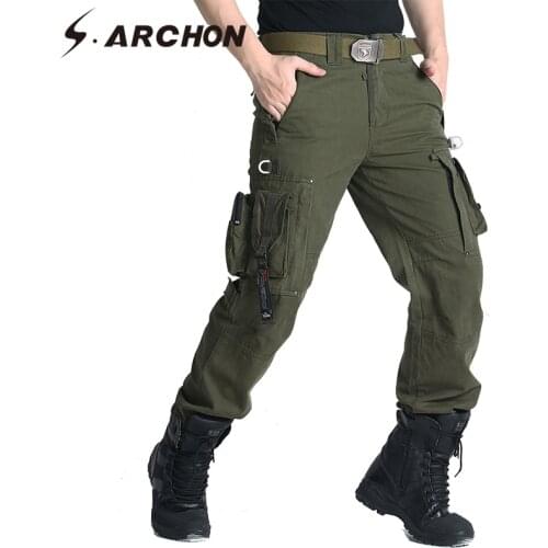 S.ARCHON US RU Soldiers Military Cargo Pants Men Casual Loose Pockets Cotton Tactical Pants Male Army Style SWAT Combat Trousers