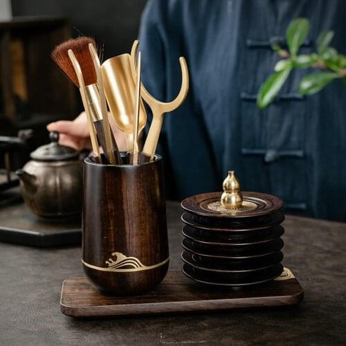 Tea Ceremony Six Items Solid Ebony Set Copper Kung Fu Tea Utensils Collection Stainless Steel Tea Clip Pen Holder Teacup Mat