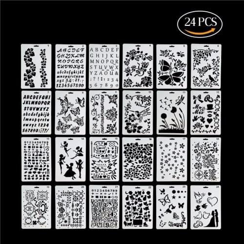 24pcs Plastic Stencils Templates Set for Airbrush Painting and Crafts Scrapbook Making Cake Embossing Decoration