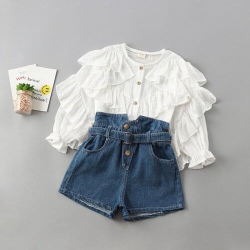 Girls Long Sleeve O-neck Layered Flowers Side Solid Color Shirt+Jeans Shorts 2PCS Clothing Sets High Quality Breathable Sets