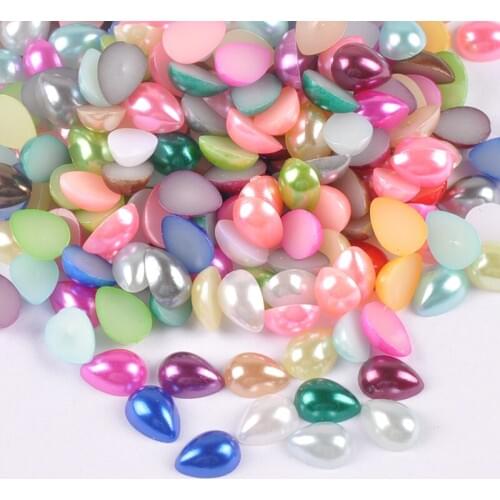 100pcs 8x6mm Mix Color Drop-shaped Imitation Half Round Pearl Flatback Beads for Scrapbook DIY Decoration YKL0718