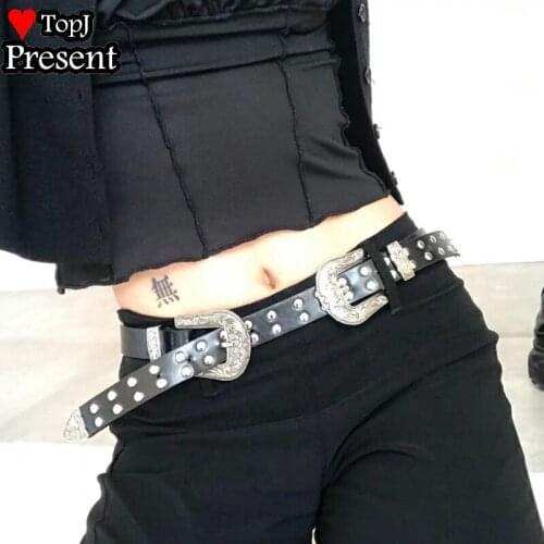 Punk Lady Belts Rivet Women Belt carved double button Leather Belt Female Strap Vintage Woman Men hip pop Belt For Jeans gift