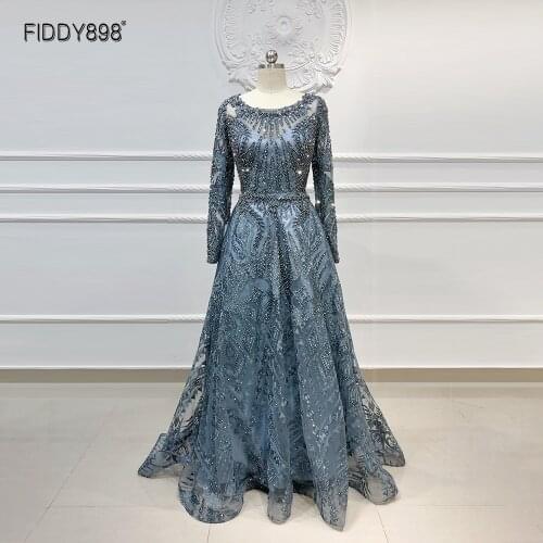 Luxury Dubai Evening Dresses 2021 Scoop Long Sleeves A-Line Shiny Crystal Beaded Lace Wedding Party Dress robe de soirée
