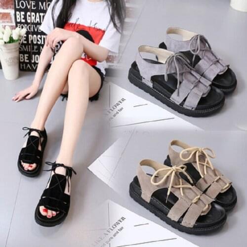 Casual Beach Shoes Summer College Style Flat Comfortable Lace-Up Solid Color Ladies Sandals Fashion Large Size 35-40