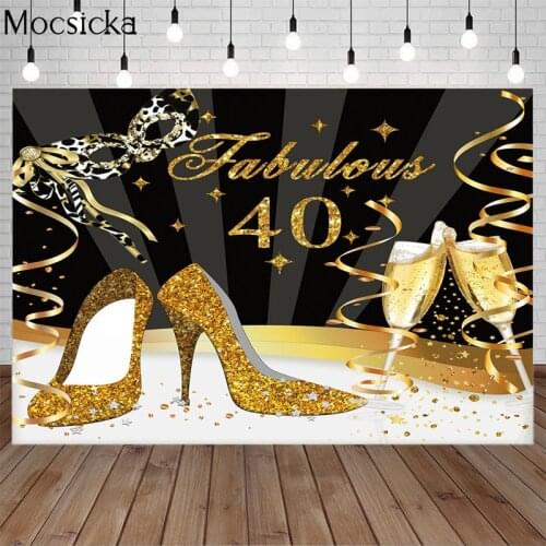 Happy Birthday Party Background Golden High Heels Celebrate 40 Years Old Backdrop Photographic for Photo Studio