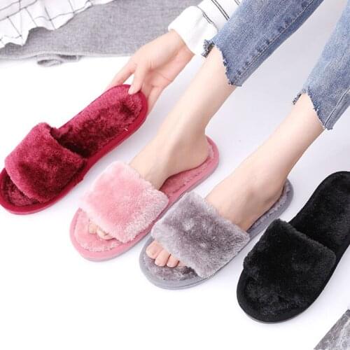 Fall Winter Fashion Slippers Solid Color Open Toe Cotton Slippers Ladies Flat Heel Warm Shoes Breathable Non-slip Shoes