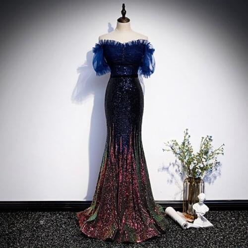 Sequins Elegant Short Sleeves Evening Dress Boat Neck Empire Simple Pleat Floor-Length Lace Up Party Formal Dresses Woman B991