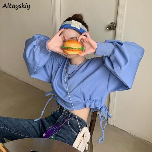 Women No Hat Hoodies Short O-Neck Puff Sleeve Solid Minimalist Casual Loose Fashionable Chic Autumn Feminino Sweatshirts Ulzzang