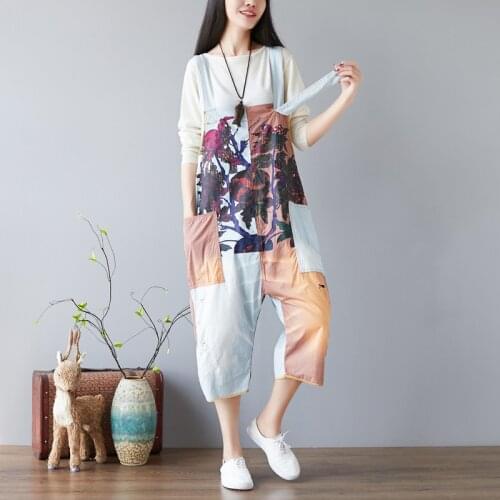 Summer Women Baggy Hole Ripped Jeans Overalls Floral Printed Calf Length Jumpsuits Casual Loose Suspenders Colors Denim Pants