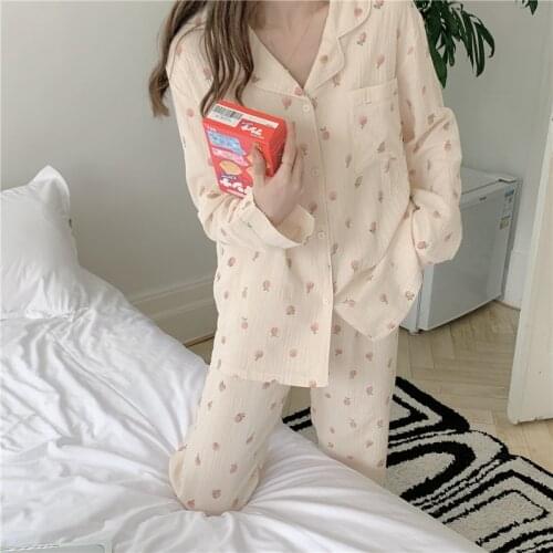 100% cotton long sleeve pants pajama set women autumn winter cardigan homewear 2 piece set comfortable sleepwear home suit L342