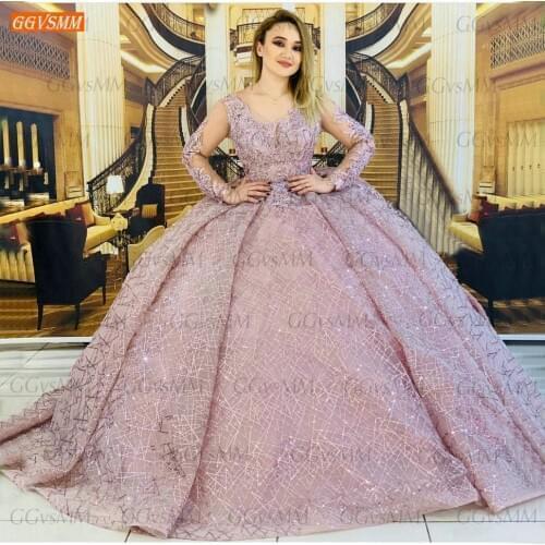 Luxury Pink Prom Gowns Long Sleeves Lace Up 2021 Vestidos De Gala Appliqued Beading Ball Gown Women Dresses Formal Robes De Bal