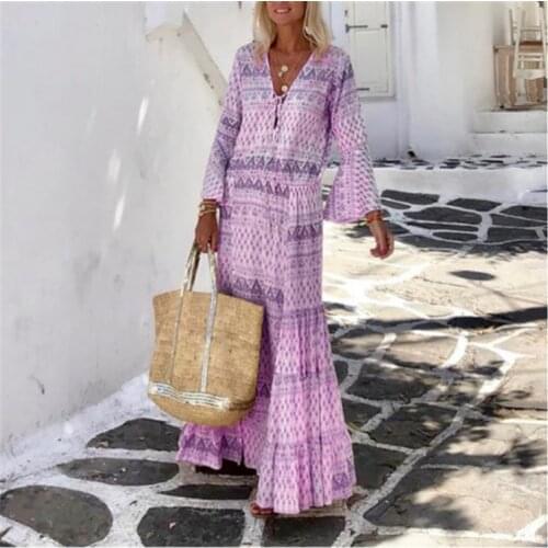 Women Vintage Floral Print Dresses Casual O Neck Loose Long Dresses Lady Bohemian Long Sleeve Party Sundress Vestidos