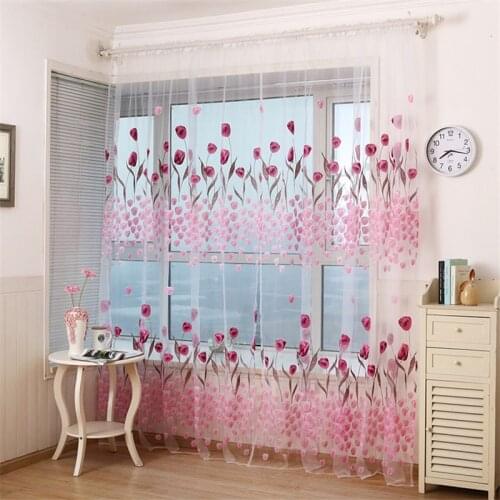 Romantic Tulip Print Voile Sheer Curtain Valance for Door Window Transparent Tulle Curtains Drapes