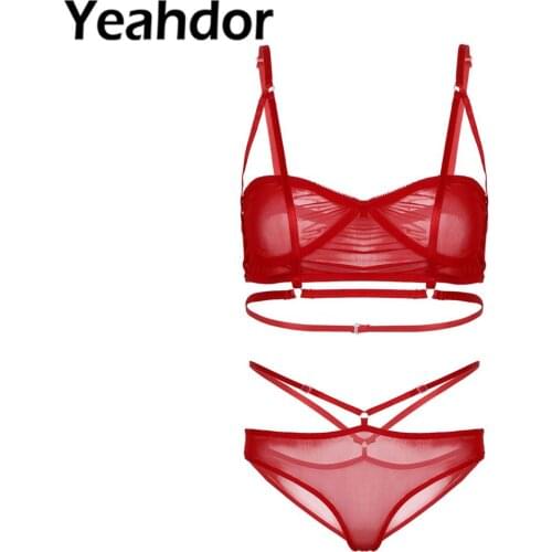 2Pcs Women Spaghetti Straps Wire Free See Through Sheer Mesh Bra Top with High Waist Briefs Underwear Woman Sexy Lingerie Set