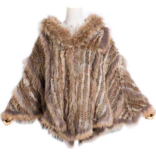 2018 Russian europea fashion warm Ladies Large Rabbit Fur Poncho Hooded Raccoon Dog Fur Trimming big hood cape shawl fast shipp