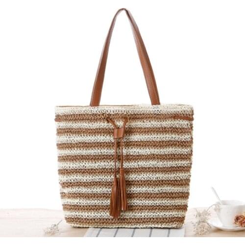 40x31CM Thailand Line Striped Crochet Bag Simple One-shoulder Fashion Straw Bag Beach Bag a7227