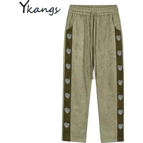 Embroidery Corduroy Casual Straight Pant Women Patchwork Hip Hop Streetwear Trousers High Waist Harajuku Korean Chic Pant Female