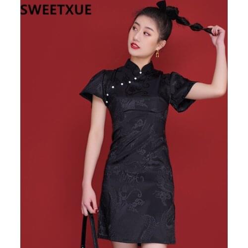 SWEETXUE 2021 Black Cheongsam Modern Girl Chinese Style Printed Beaded Dress Womens Summer