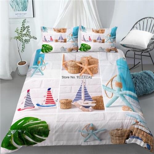 Cartoon Sailboat Pattern Home Textile 3D Beach Theme Print 2/3 Comfy Down Quilt-covered Pillowcase Bedding Set