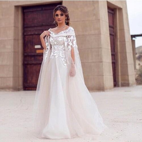 Dubai Lace Cape Style Wedding Dresses 3D Flower Lace Maternity Destination Arabic Dress A Line Bridal Gowns