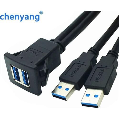 Dual USB 3.0 A Male to Female Snap in Panel Mount Extension Black Cable
