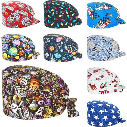Cotton Surgicals Cap Adjustable Beauty Shop Lab Dental Clinic Nursing Caps Anime Printing Nurse Working Bouffant Scrub Hats