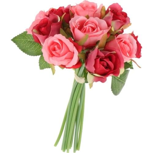 Mag Artificial 12 Branch 25cm Rose Flower Bush Home Decor Wedding Floral Bouquet Potted Table Top Desk Centerpiece