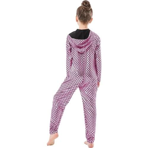 One Piece Sequin Mermaid Hooded Jumpsuits Baby Girls Faux Leather Cosplay Costume Front Zipper Hooded Jumpsuits